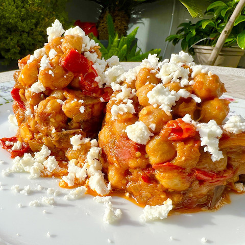 Chickpeas with Eggplants, Red Peppers and Feta from the Kalavryta Cooperative